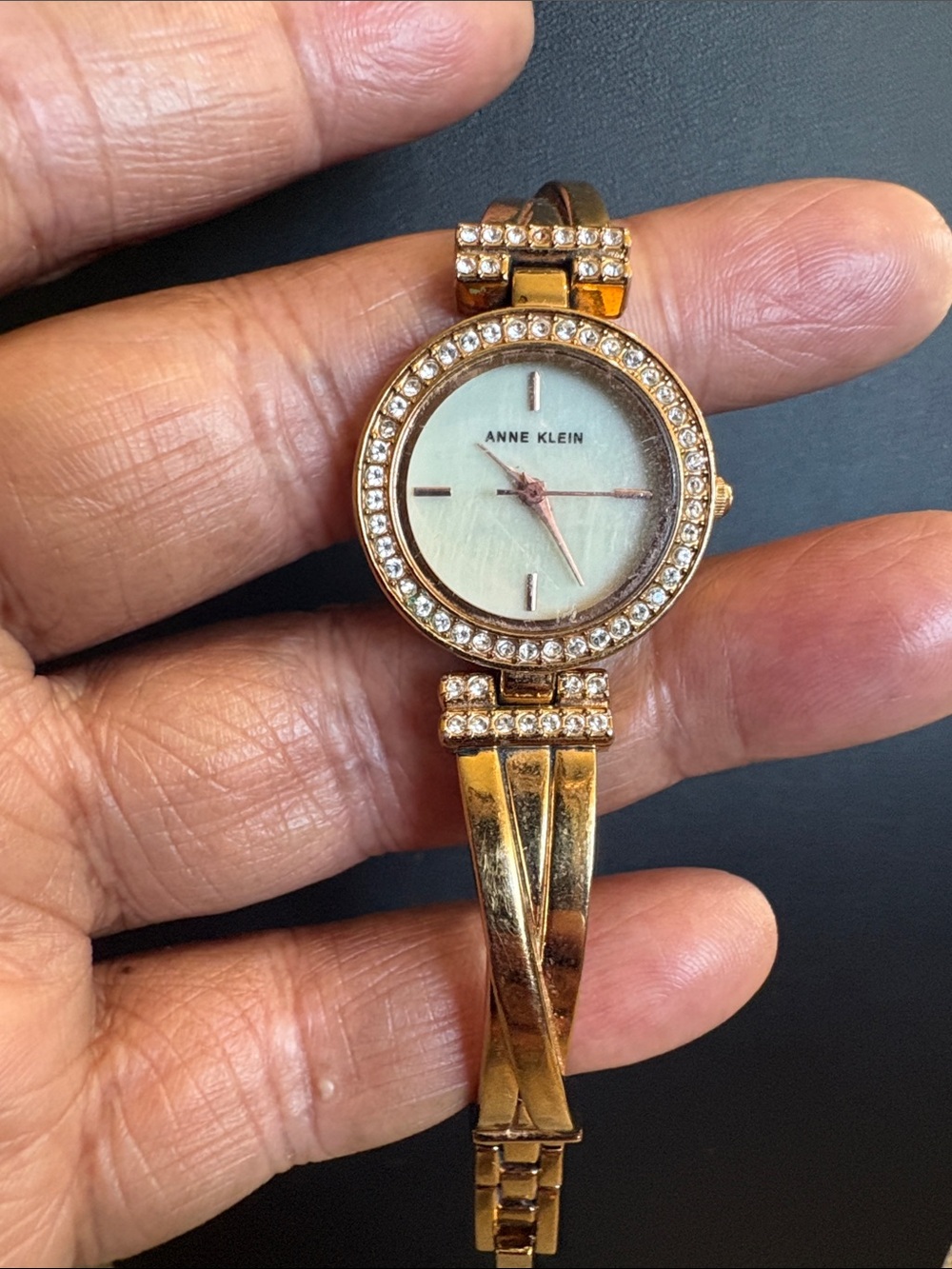 Anne Klein Crystal Accent Gold-Tone Bangle Watch | Mother of Pearl Dial